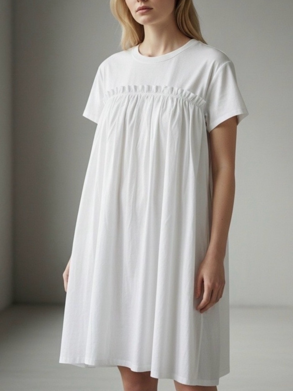 ATM |Flowy Cotton Mixed Media Short Sleeve Babydoll Shirt Dress w Pockets | Sz M